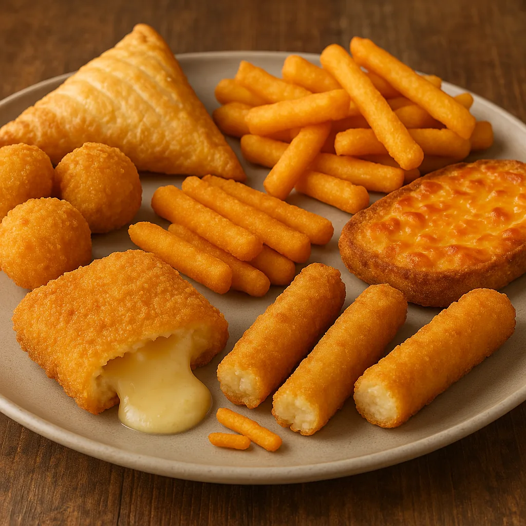 Holländische Snacks mit Käsesoufflé, Kroketten, Bitterballen und Pommes auf einem Teller