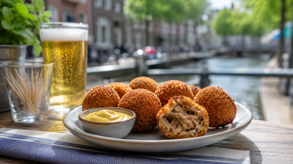 Bitterballen mit Senf und aufgeschnittener Füllung auf einer Terrasse am Kanal in Holland
