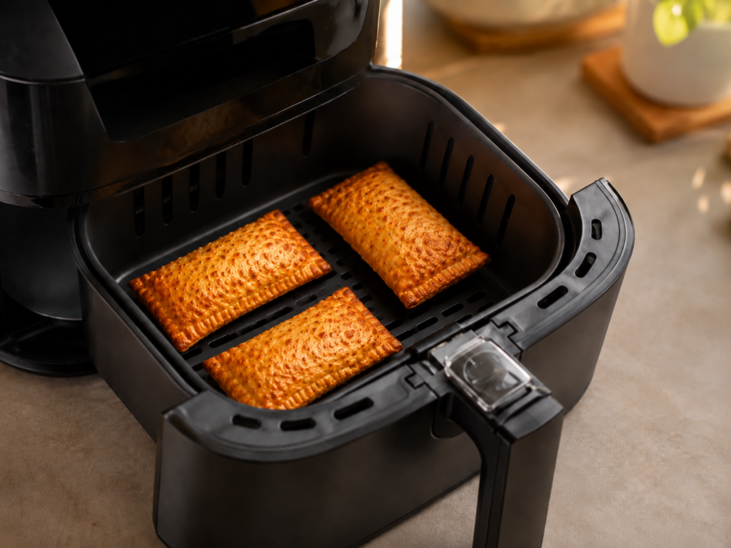 Käsesoufflé im Airfryer: goldbraune Käsesoufflés im Korb einer Heißluftfritteuse