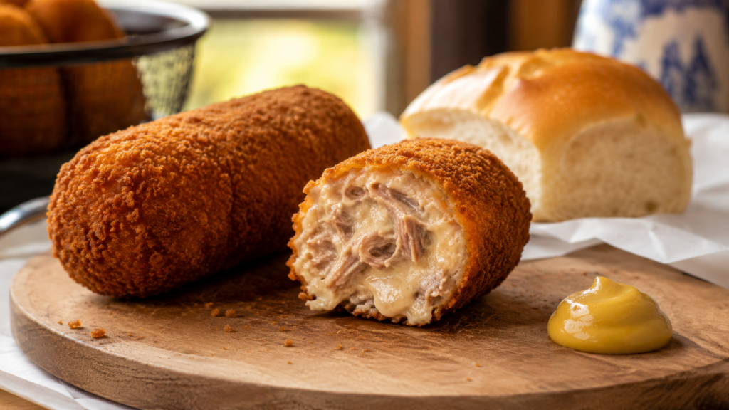 Holländische Kroket mit cremiger Fleischfüllung, Senf und Brötchen