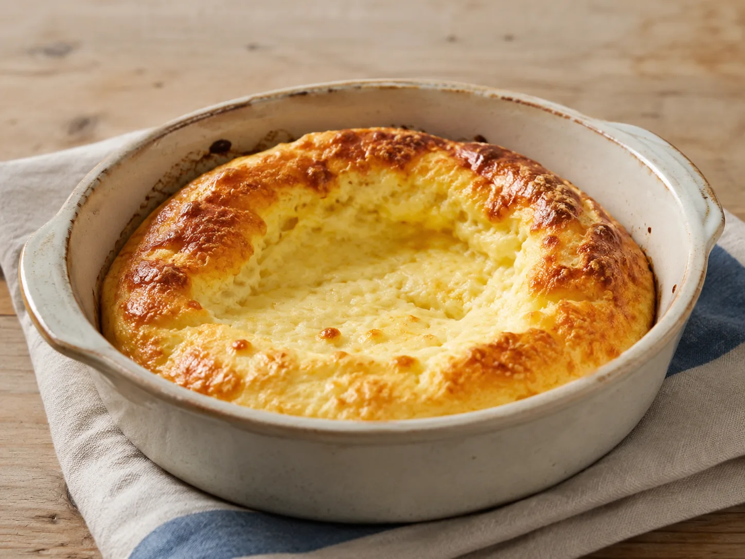 Zusammengefallenes französisches Käse-Soufflé in einer Auflaufform