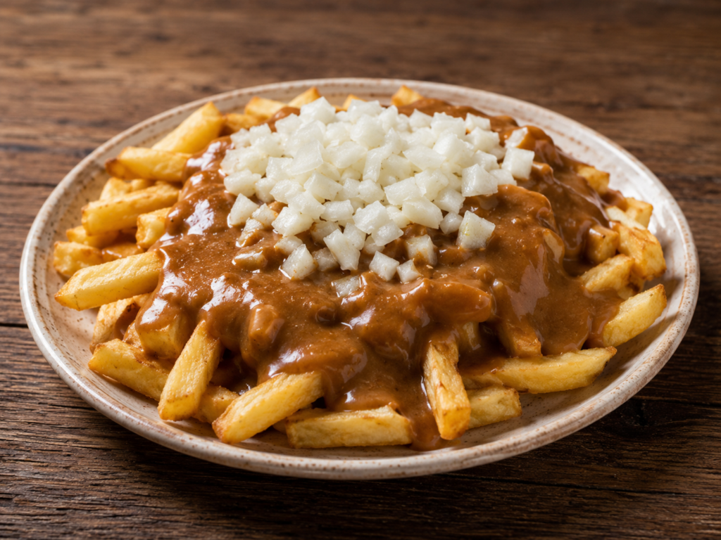 Pommes mit Erdnusssauce und Zwiebeln auf einem Teller als Beispiel für niederländische Snackbar-Kultur