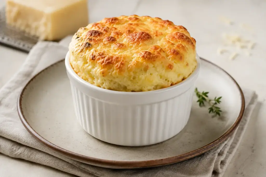 Französisches Käse-Soufflé in einer weißen Souffléform
