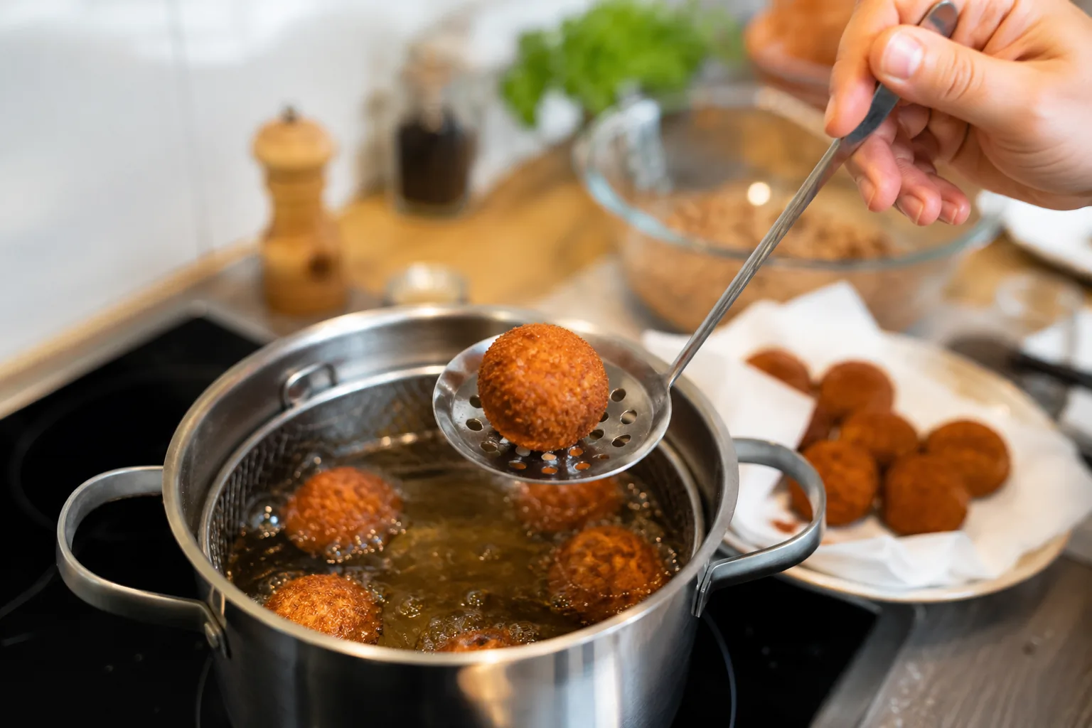 Bitterballen Rezept mit selbst gemachten Bitterballen, die in einem Topf mit heißem Öl frittiert werden