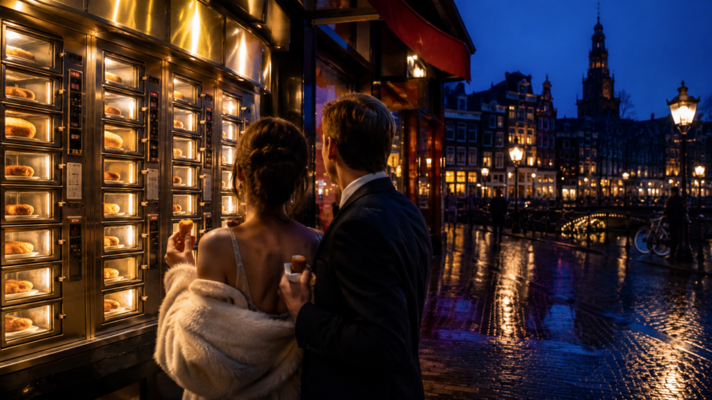 FEBO Amsterdam bei Nacht: Ein frisch verheiratetes Paar steht vor der beleuchteten Snackwand an einer Gracht und genießt holländische Snacks.