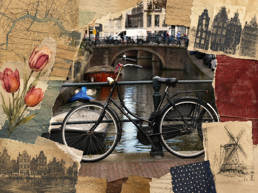 Collage mit Fahrrad an einem Amsterdamer Kanal, Tulpen, Kartenmotiv und Windmühle als Bild zum Unterschied zwischen Holland und den Niederlanden