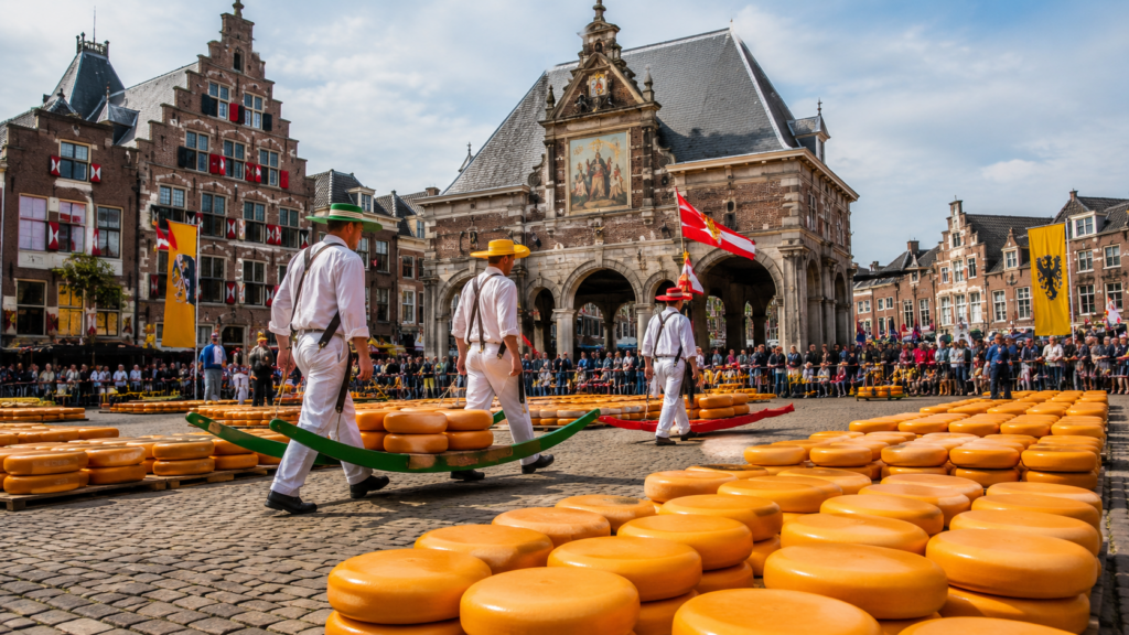 Holländischer Käsemarkt mit Käseträgern, Käserädern und historischem Rathaus in Gouda