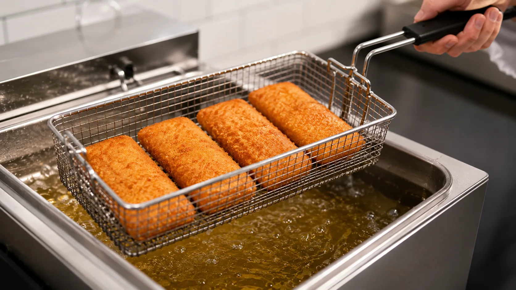 Rechteckige Käsesoufflés im Frittierkorb über heißem Öl