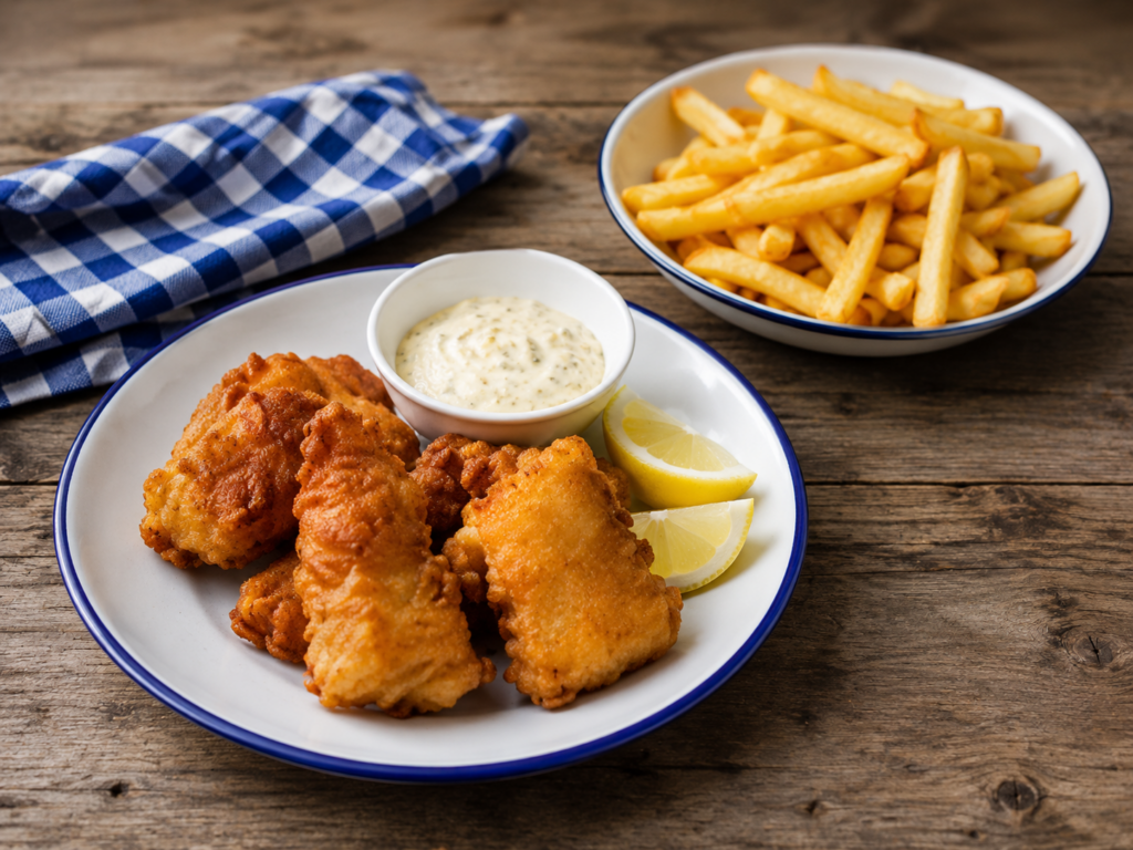 Kibbeling mit Sauce, Zitronenspalten und einer Schale Pommes auf einem Holztisch
