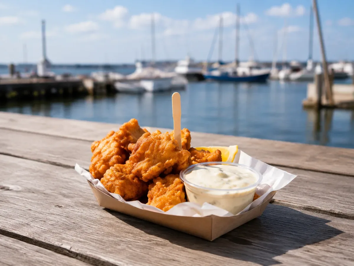 Goldbrauner Kibbeling mit Sauce auf einem Holztisch vor einem niederländischen Hafen
