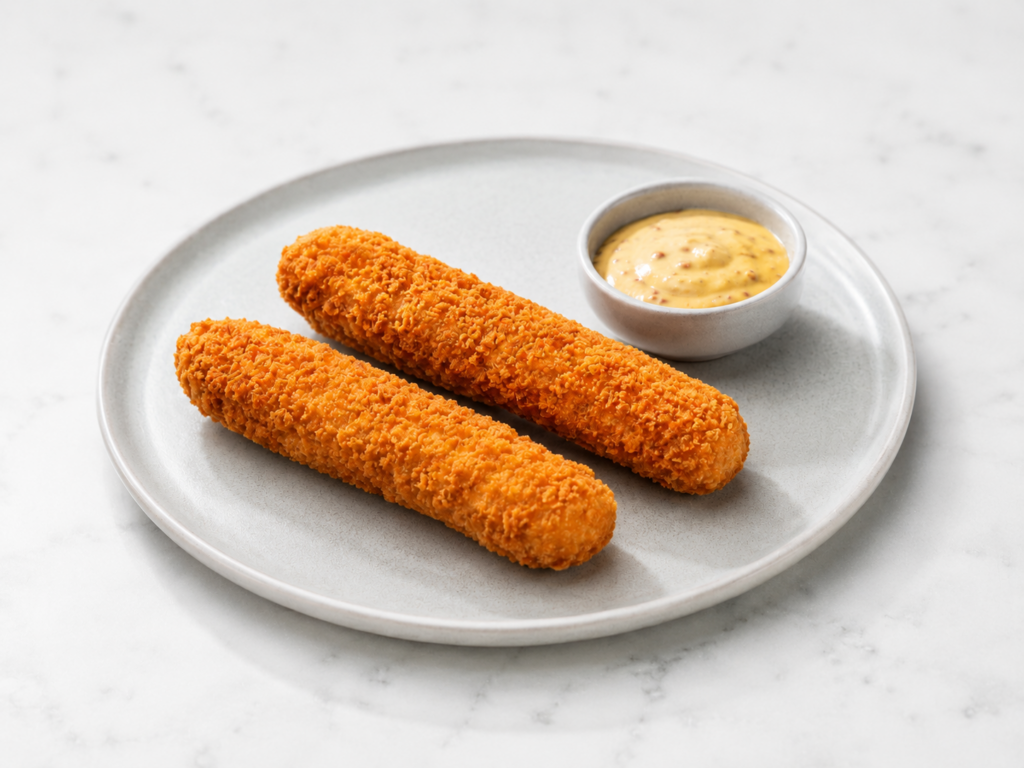 Zwei Kipcorn-Snacks mit knuspriger Panade und Sauce auf einem Teller