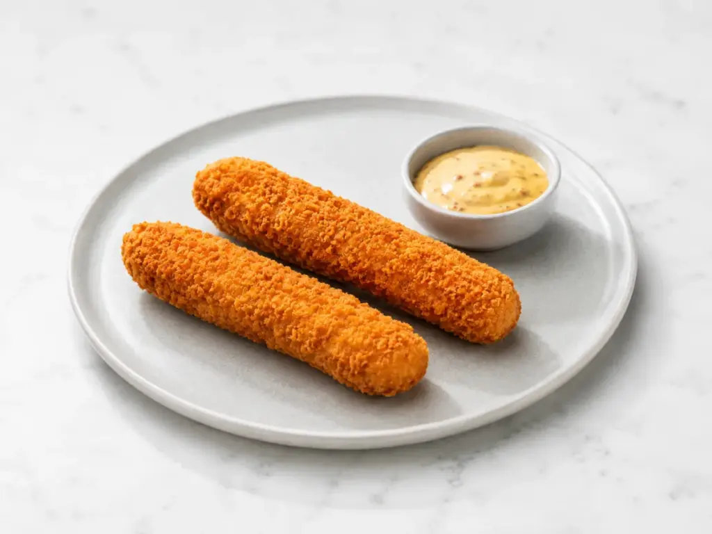 Zwei Kipcorn-Snacks mit knuspriger Panade und Sauce auf einem Teller