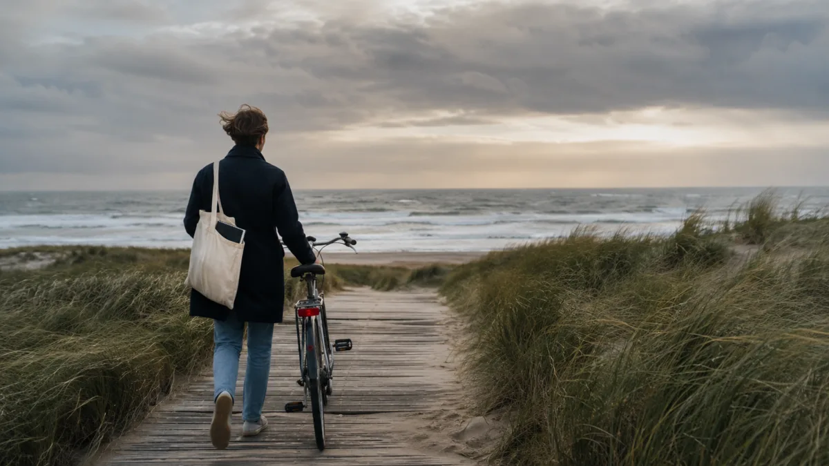 Person mit Fahrrad auf einem Dünenweg an der niederländischen Küste blickt nachdenklich Richtung Meer.