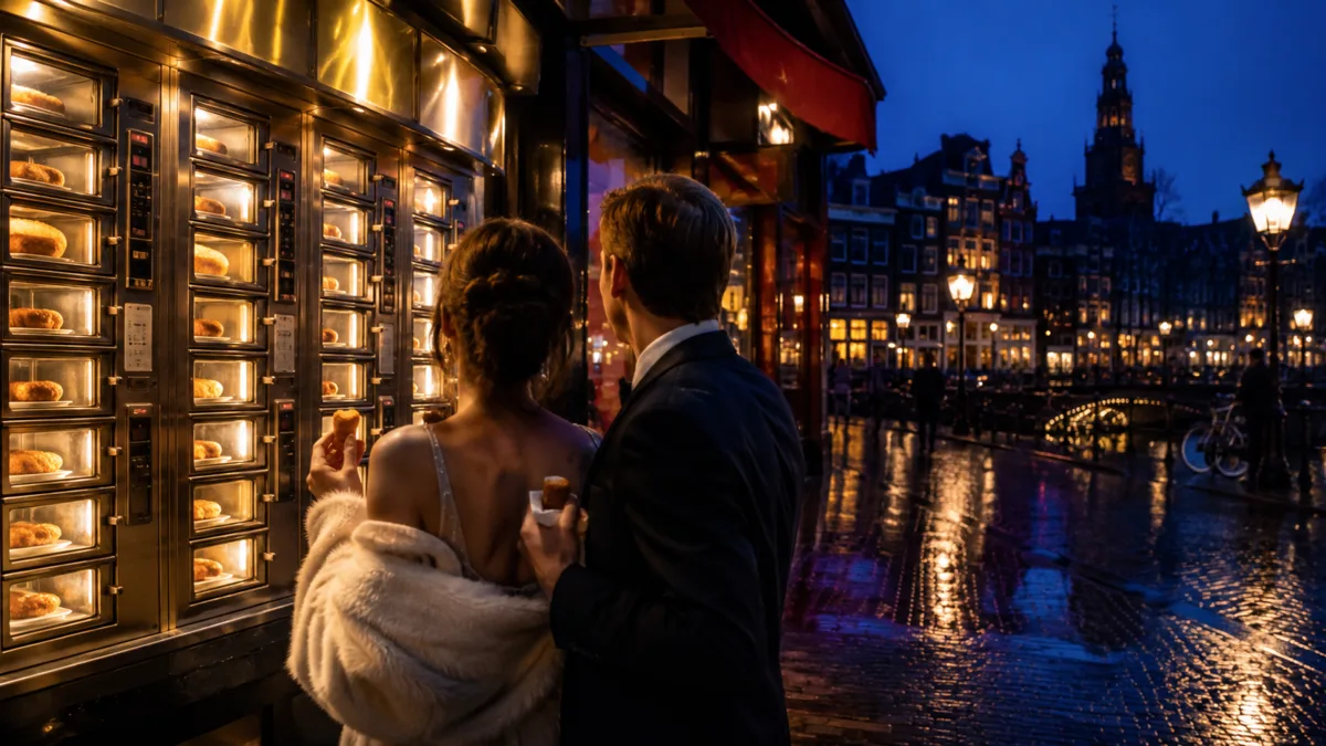 FEBO Snackwand in Amsterdam bei Nacht mit zwei Personen vor beleuchteten Snackautomaten
