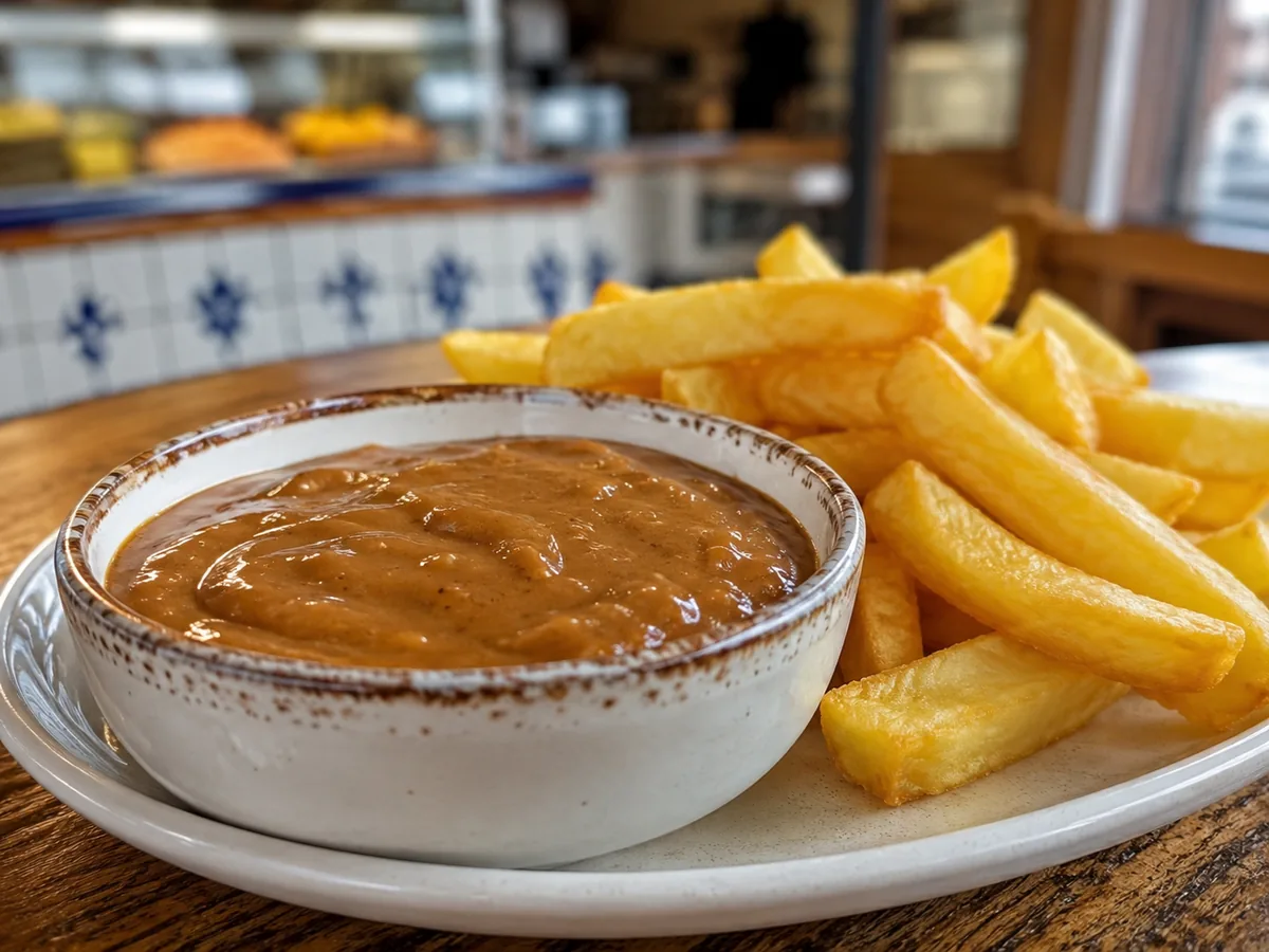 Pommes mit Saté-Sauce und Pindasaus als Beispiel für niederländische Erdnusssauce