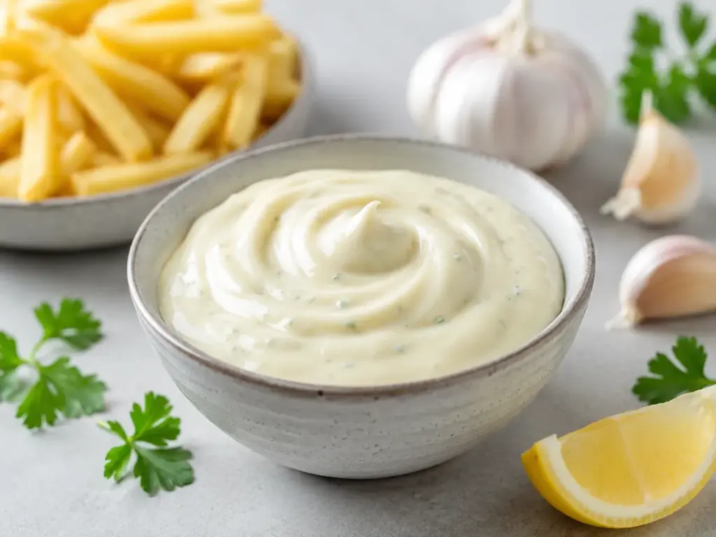 Holländische Knoblauchsoße in einer Schale mit Pommes, Knoblauch, Zitrone und frischen Kräutern