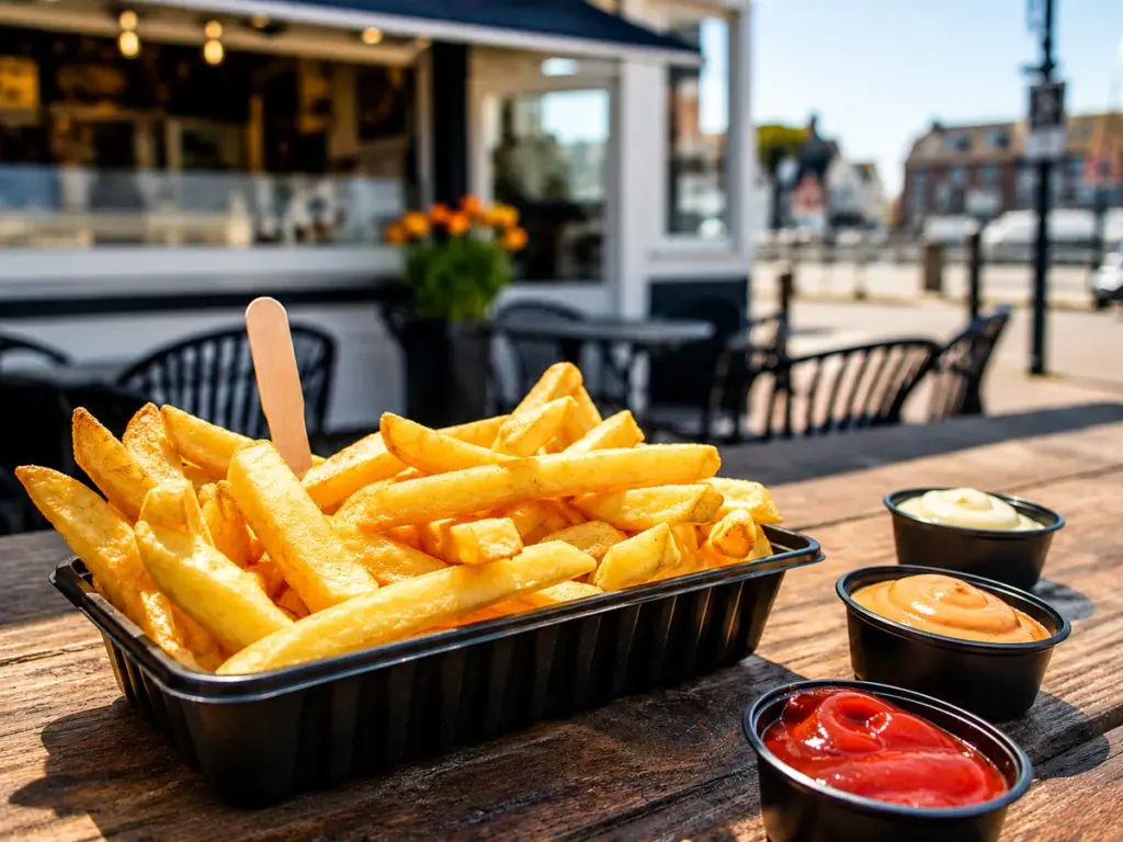 Holländische Pommes mit verschiedenen Saucen in einer Imbissschale auf einem Holztisch