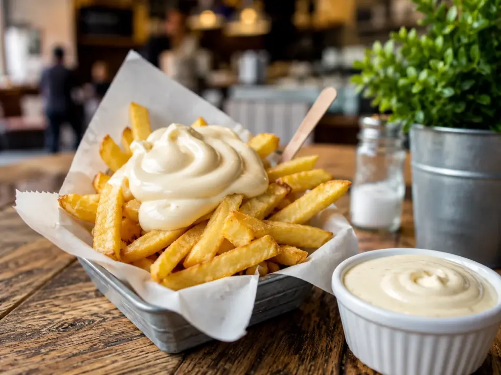 Goldene Pommes mit cremiger holländischer Pommes-Sauce Frietsaus in einer Snackschale