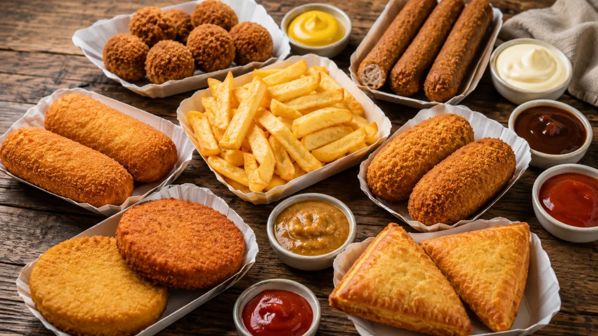 Teller mit typischen Holland-Snacks wie Frikandel, Kroket, Bitterballen, Bamischijf, Pommes und Käsesoufflé