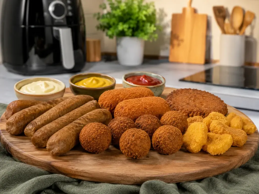 Holländische Snacks wie Frikandel, Kroket, Bitterballen und Bamischijf auf einem Holzbrett mit Soßen in einer Küche