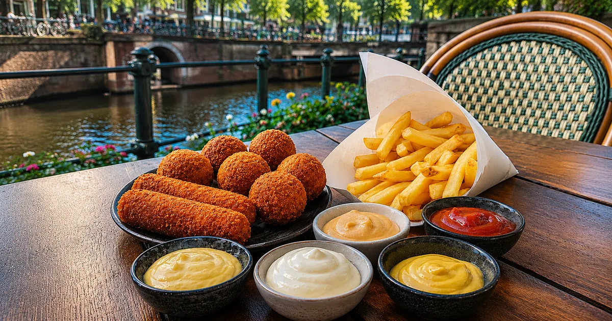 Holländische Soßen zu Pommes, Bitterballen und weiteren frittierten Snacks an einem Tisch am Kanal