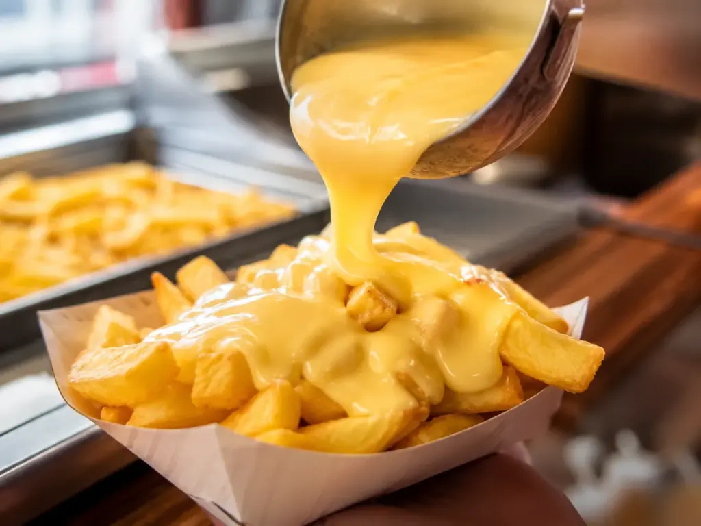 Käsesoße wird über holländische Pommes gegossen