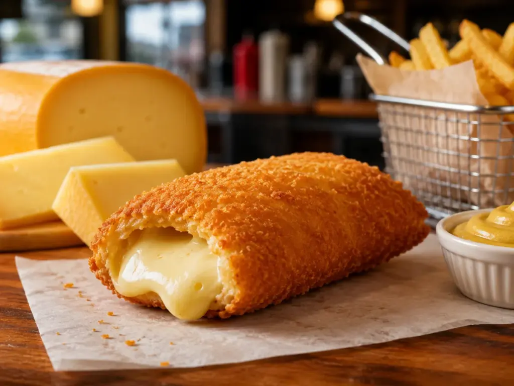 Knusprig paniertes Käsesoufflé mit flüssigem Käsekern neben Käse, Pommes und Senf – zur Frage, wann das Käsesoufflé erfunden wurde.