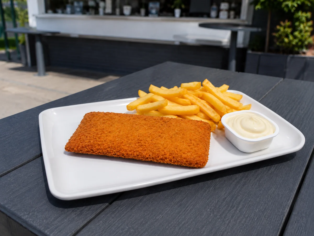 Käsesouffle mit Pommes und Frietsaus an einem Imbiss in Holland