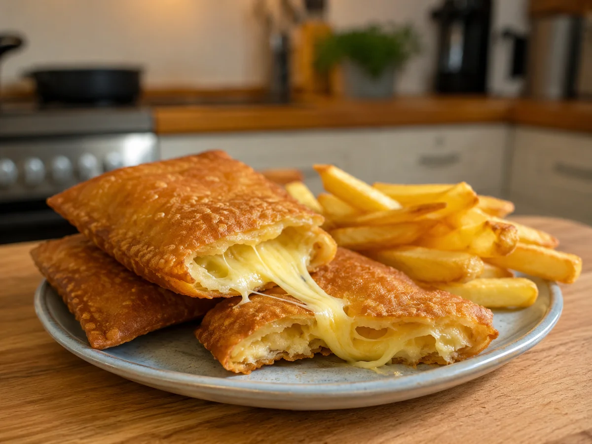 Holländisches Käsesoufflé mit geschmolzenem Käse und Pommes