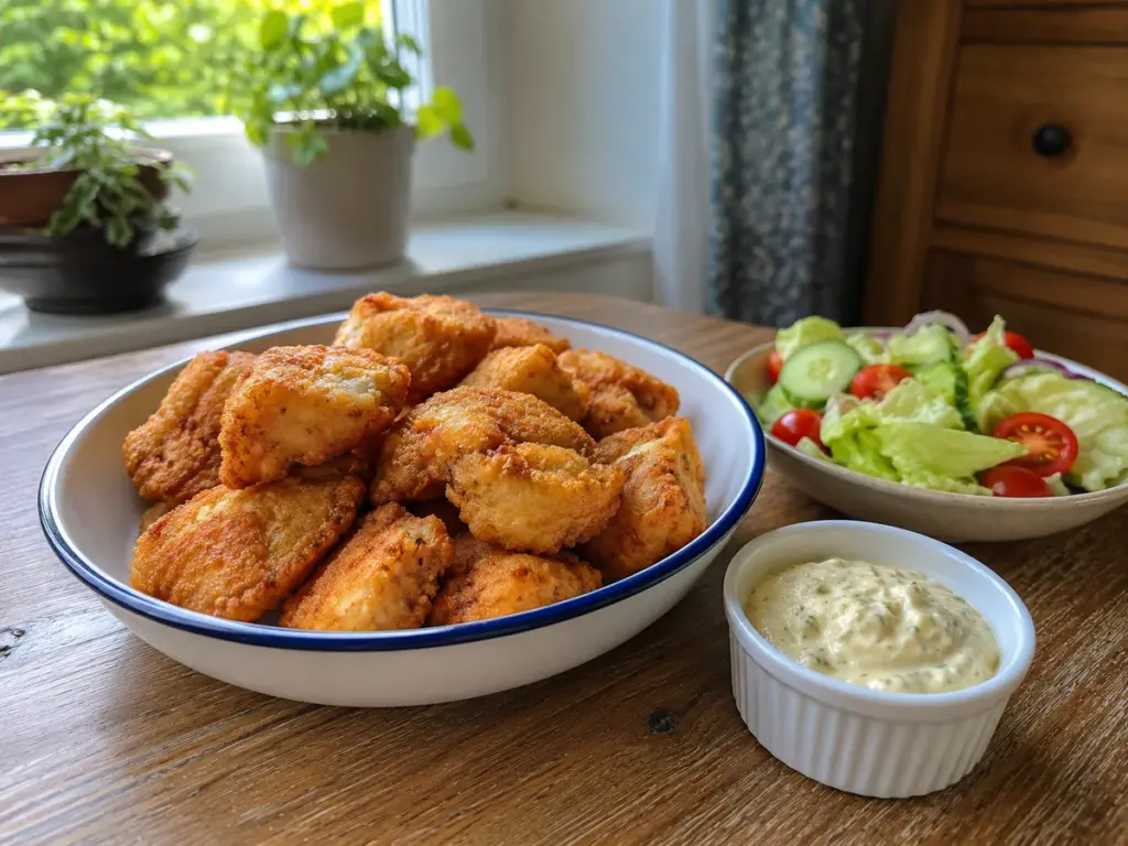 Selbst gemachter Kibbeling mit Remoulade und frischem Salat auf einem Holztisch
