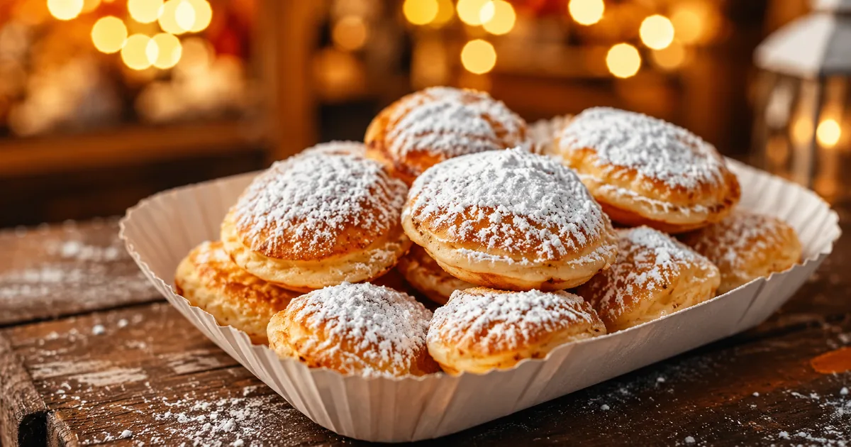 Poffertjes mit Puderzucker: süßes Gebäck aus Holland in einer Papierschale
