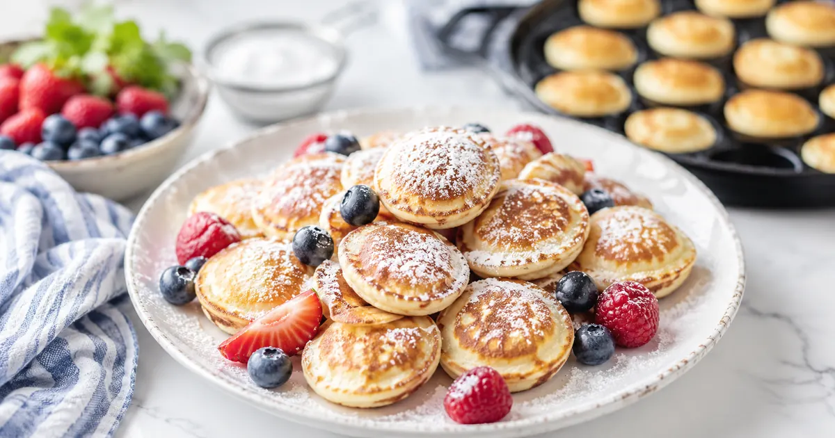 Nach unserem Poffertjes Rezept gemachte Mini-Pfannkuchen mit Beeren, Puderzucker und Poffertjes-Pfanne