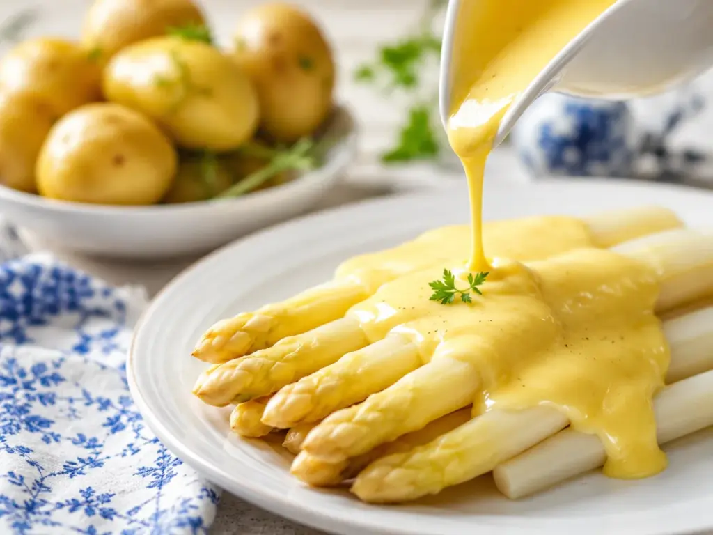 Sauce Hollandaise wird über weißen Spargel gegossen, daneben Kartoffeln und blau-weißes Geschirr als Hinweis auf die holländische Soße.