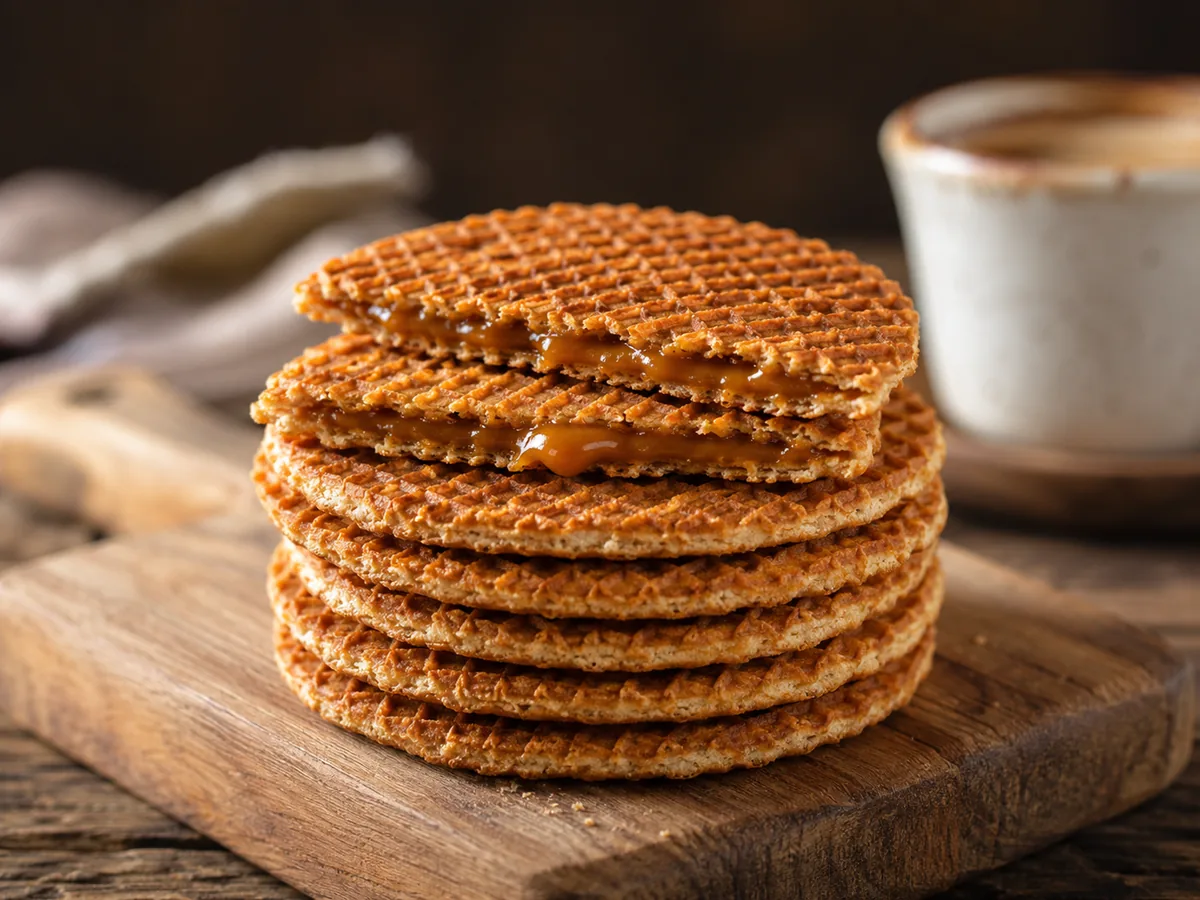 Stroopwafels mit sichtbarer Karamellfüllung auf einem Holzbrett und Kaffee im Hintergrund