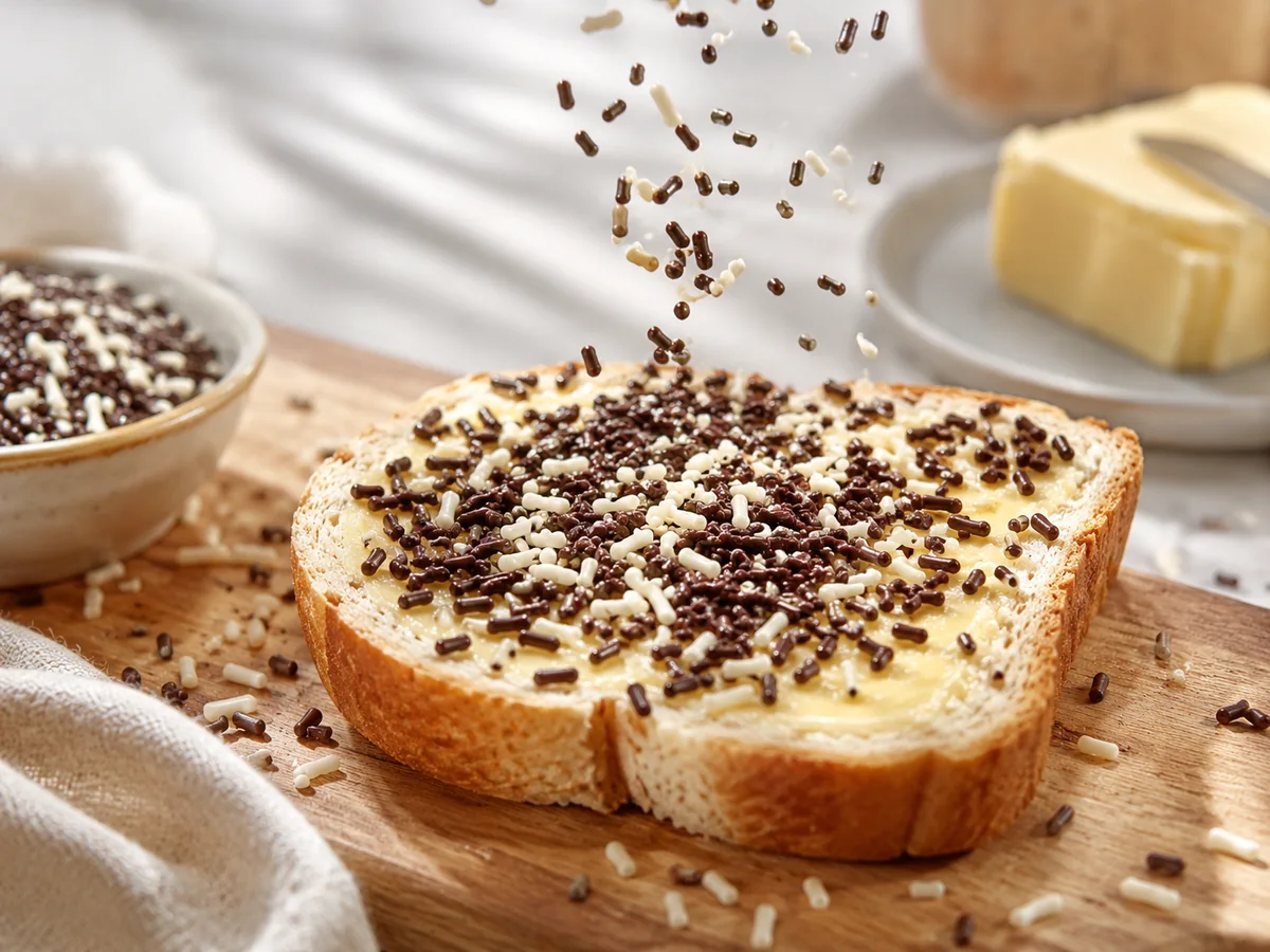 Hagelslag auf Butterbrot mit fallenden Schokostreuseln und weißen Streuseln auf einem Holzbrett