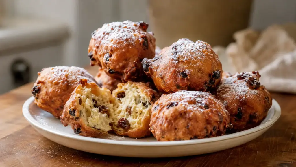 Oliebollen Rezept mit Rosinen: Goldbraun ausgebackene Oliebollen mit Puderzucker auf einem Teller.