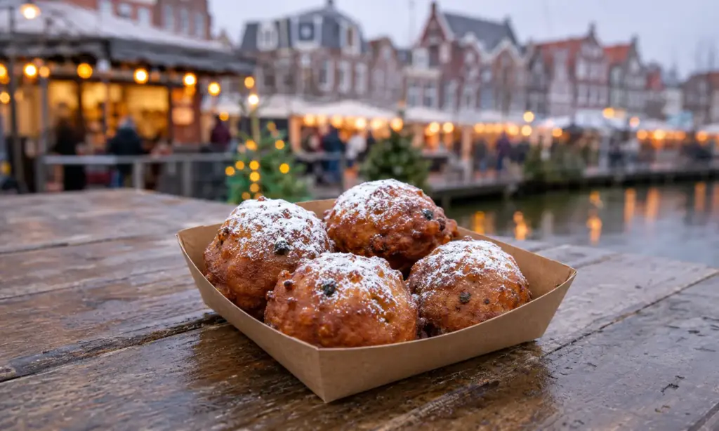 Oliebollen in einer Schale auf einem Holztisch vor einem winterlich beleuchteten niederländischen Jahrmarkt.
