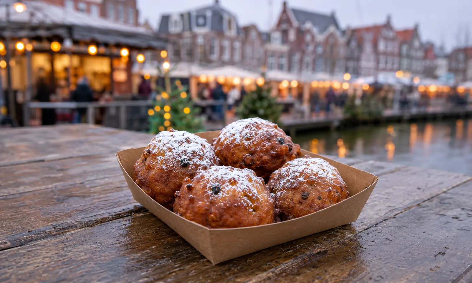 Oliebollen in einer Schale auf einem Holztisch vor einem winterlich beleuchteten niederländischen Jahrmarkt.