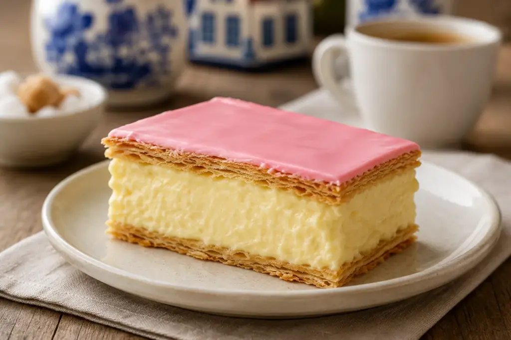 Tompouce mit rosa Glasur, Vanillecreme und Blätterteig auf einem Teller