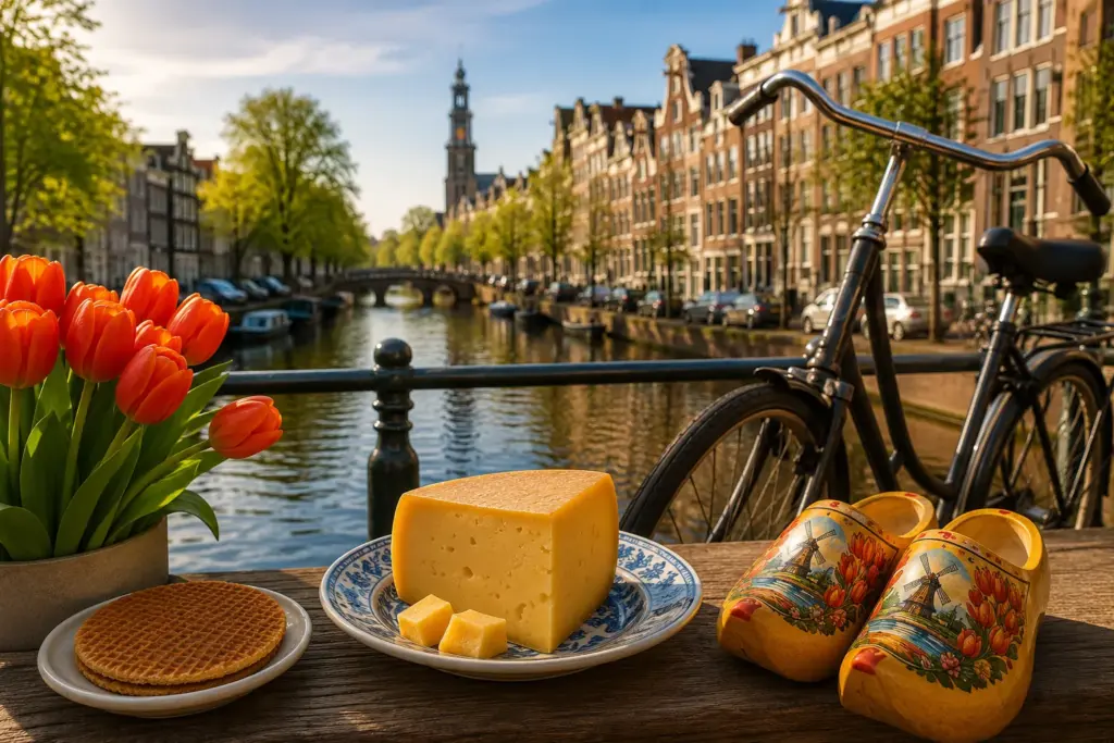 Typisch holländisch: Käse, Stroopwafel, Holzschuhe, Tulpen und Fahrrad vor einer Gracht