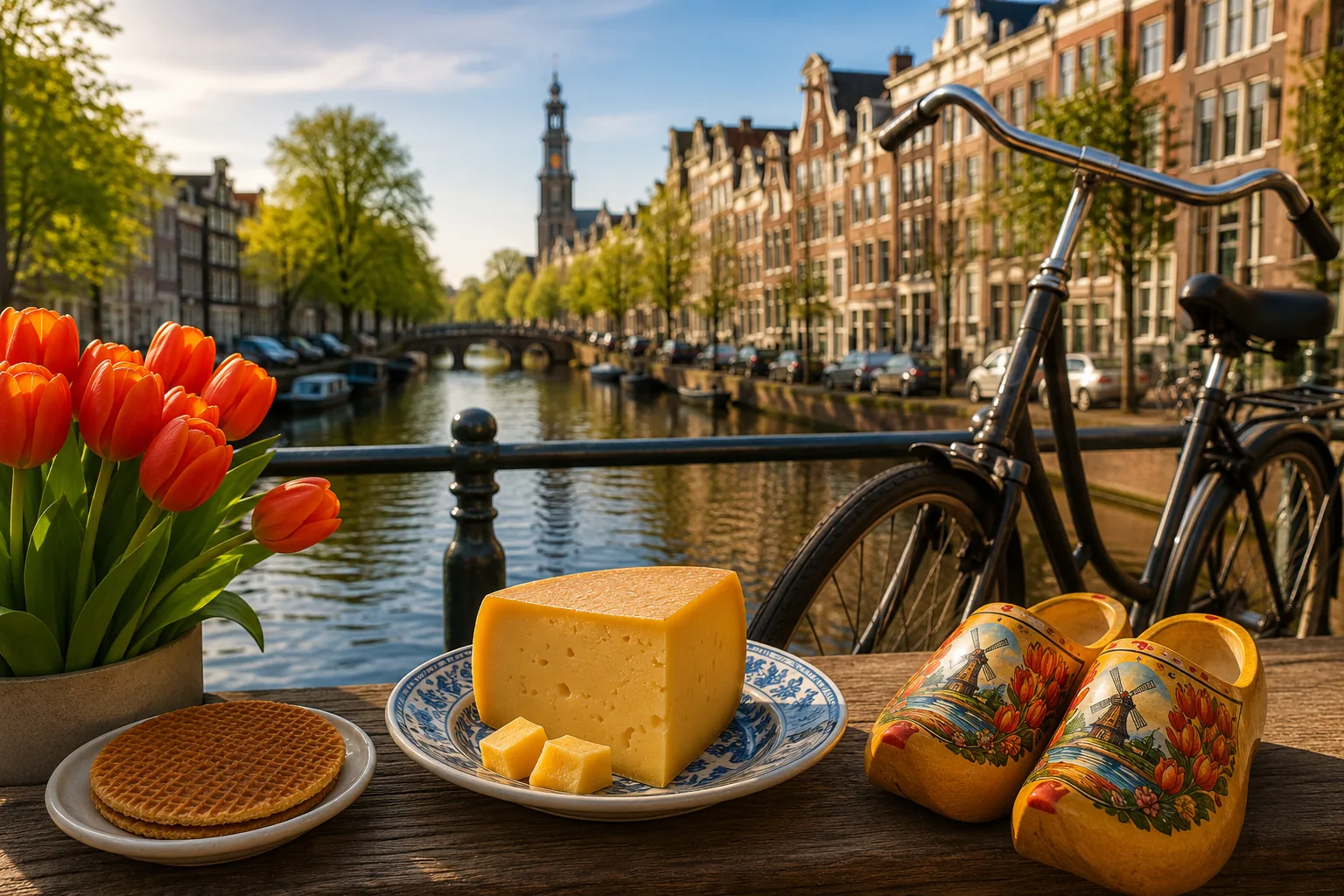 Typisch holländisch: Käse, Stroopwafel, Holzschuhe, Tulpen und Fahrrad vor einer Gracht