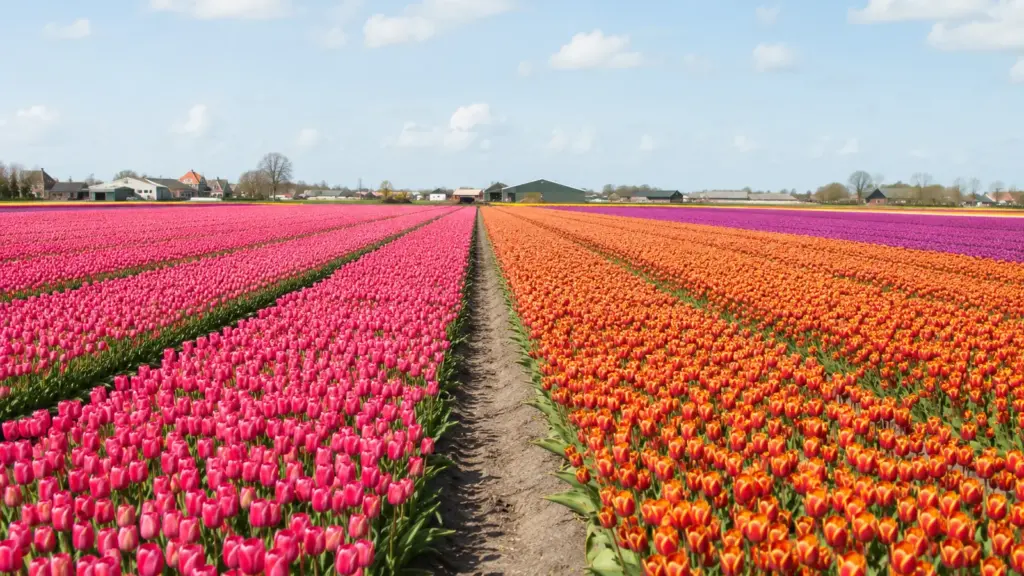 Typisch holländisch: farbenfrohe Tulpenfelder mit langen Blütenreihen in den Niederlanden