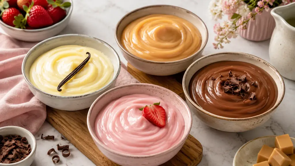 Vier Schalen mit Vanille-, Erdbeer-, Karamell- und Schokoladenpudding als Beispiele für Vla Holland